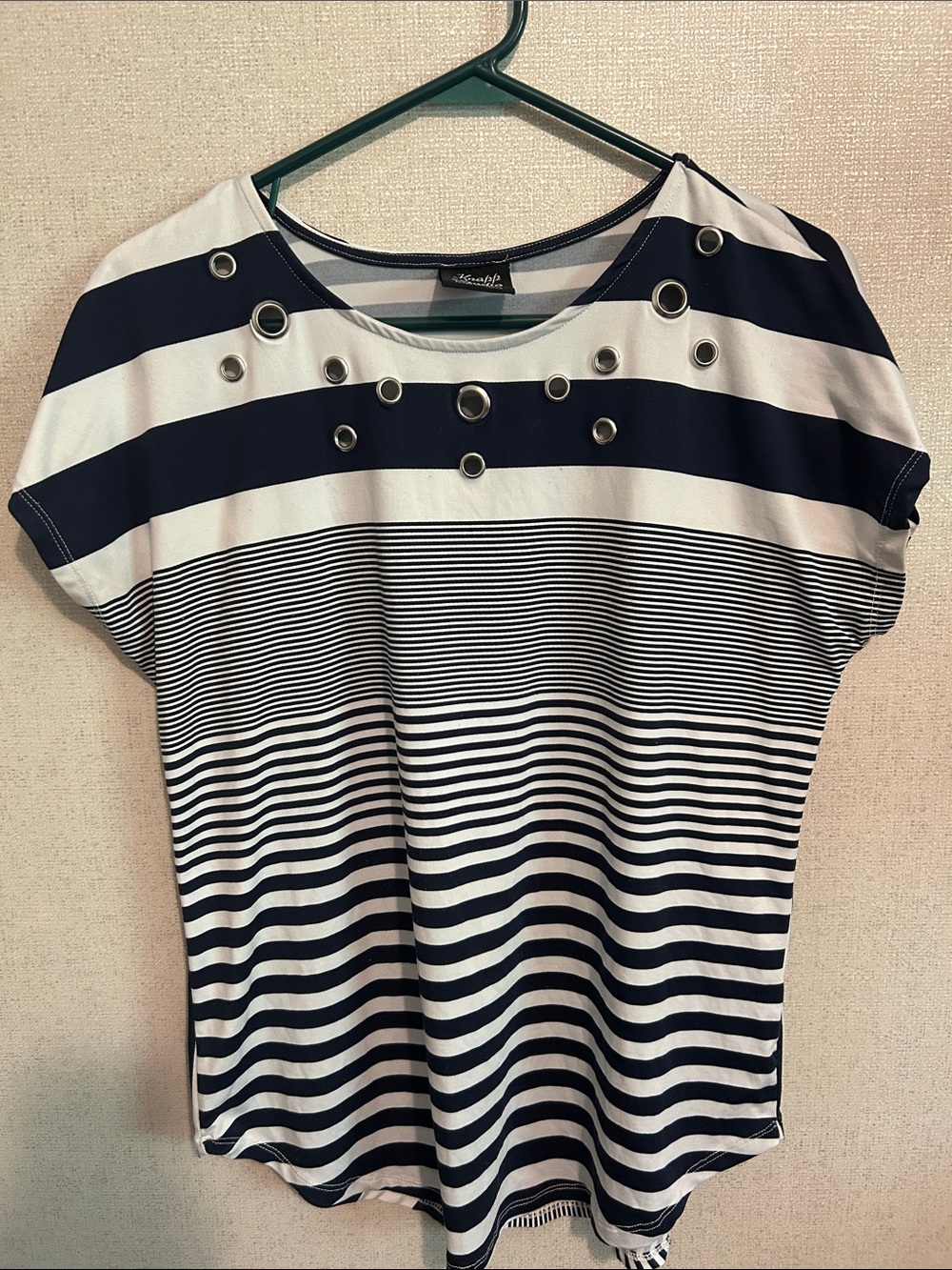 Striped Short Sleeve Top with Grommet Detail - Navy/White
